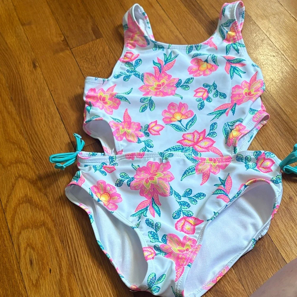 Girls' Floral One-Piece Swimsuit - Pink & Teal
